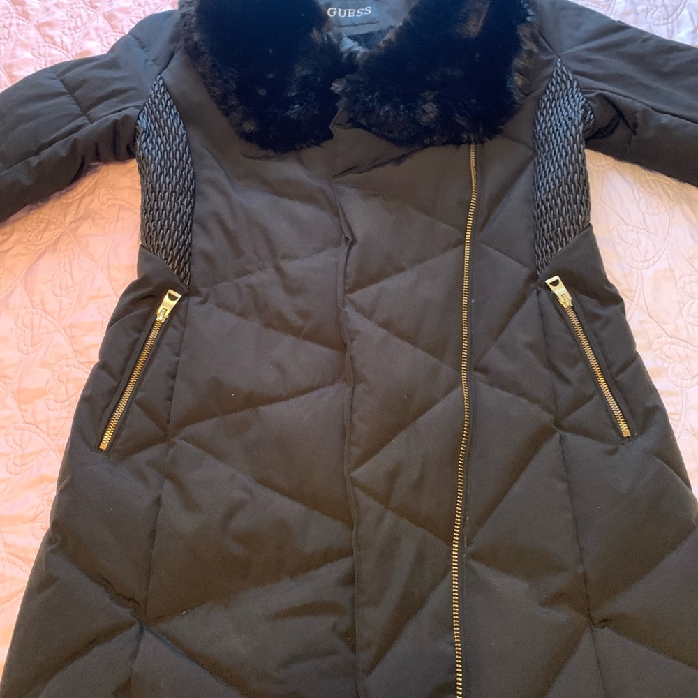 GUESS Black Puffer Jacket with Faux Fur Trim